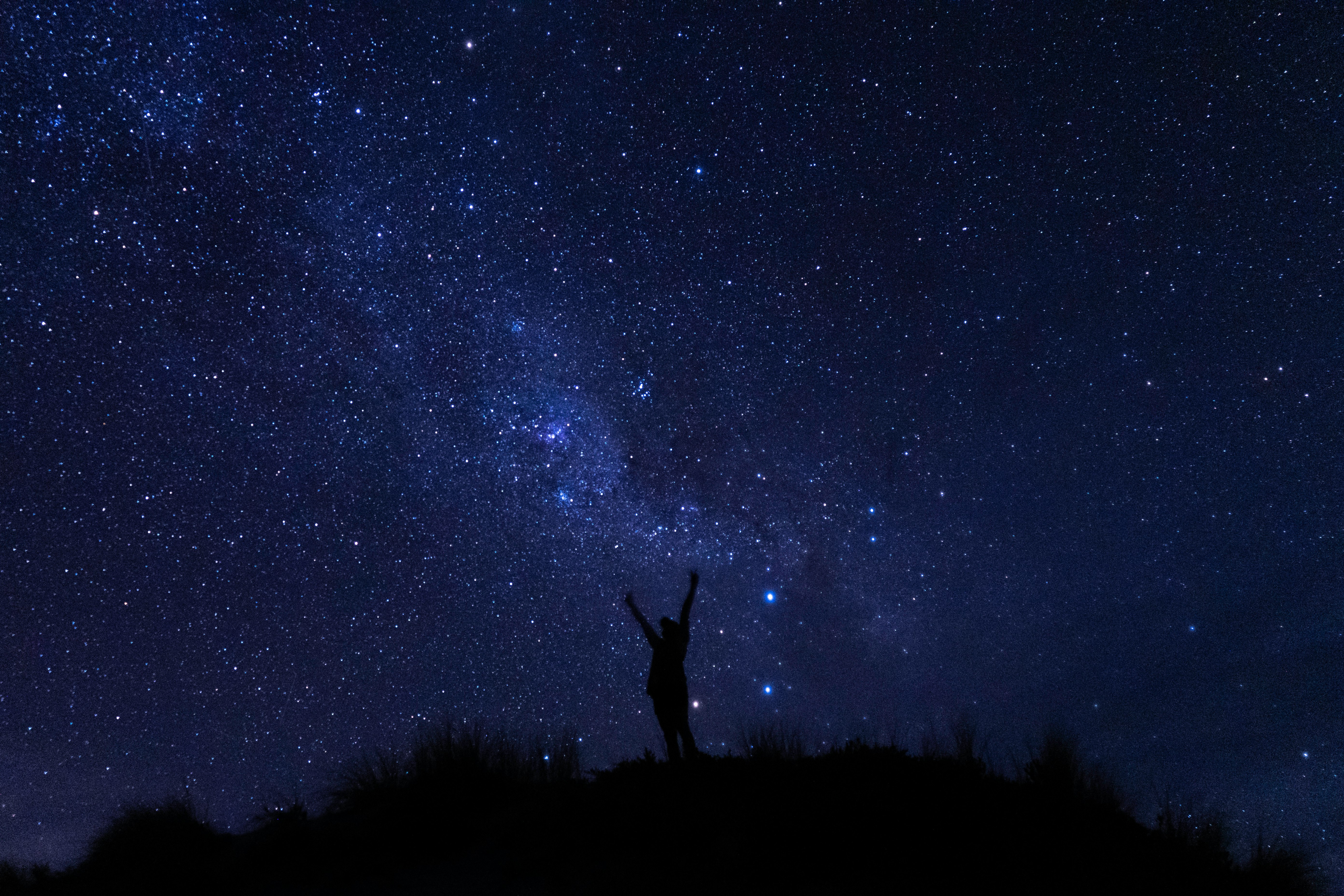 silhouette of person standing on grass field under starry night